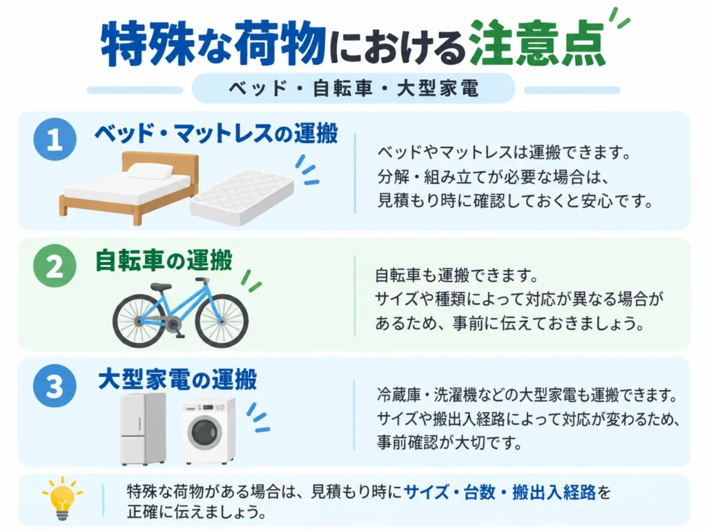 特殊な荷物（ベッド・自転車・大型家電）における注意点