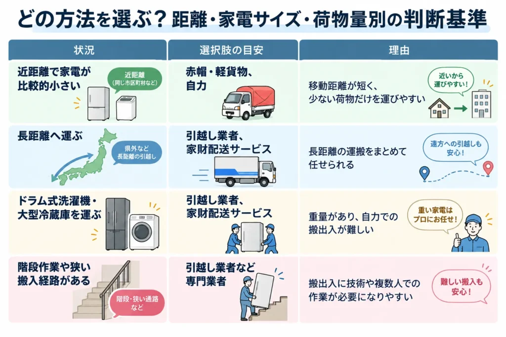 どの方法を選ぶ？距離・家電サイズ・荷物量別の判断基準