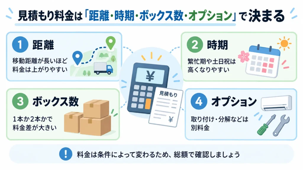 見積もり料金は「距離・時期・ボックス数・オプション」で決まる