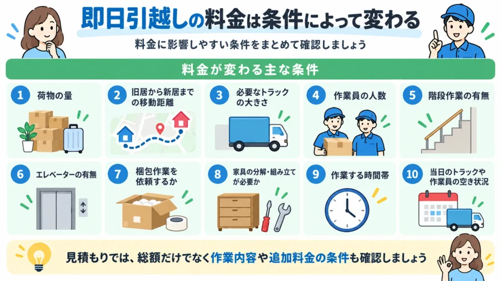 即日引越しの料金は条件によって変わる